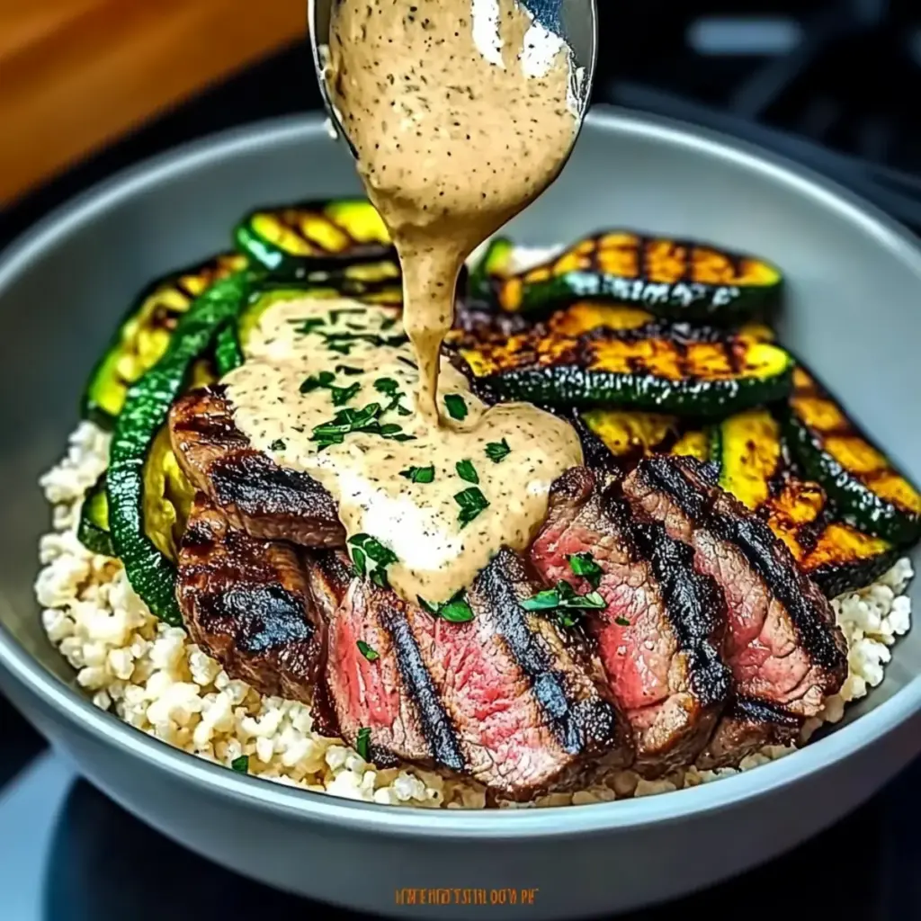 Grilled Steak Bowl with Creamy Sauce & Grilled Zucchini