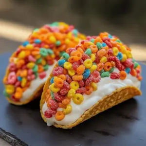 Fruity Pebbles Cheesecake Tacos