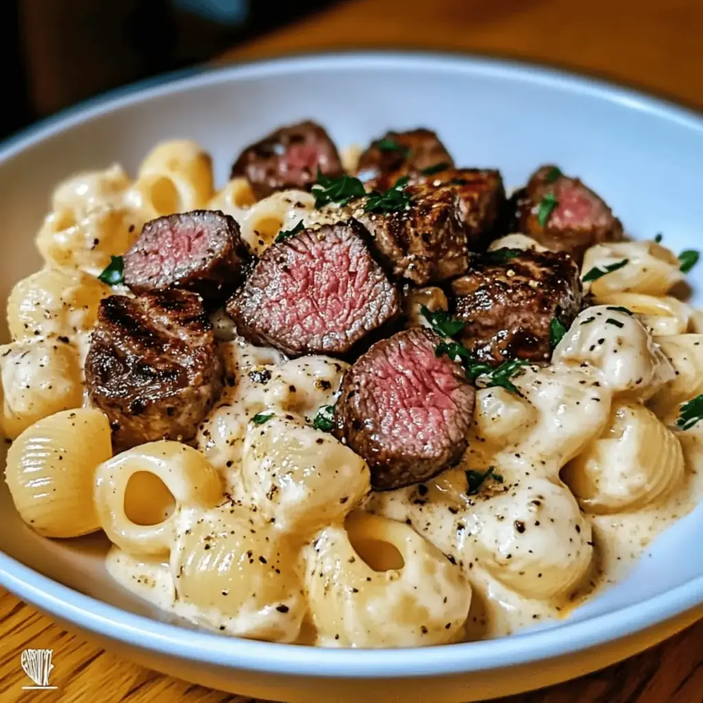 Steak Bites and Shell Pasta in Garlic Butter Alfredo Sauce