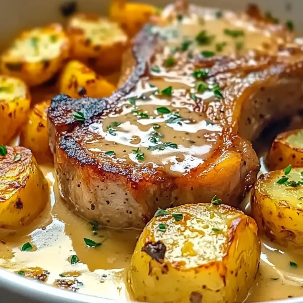 Garlic Butter Pork Chops with Cheesy Potato Bake