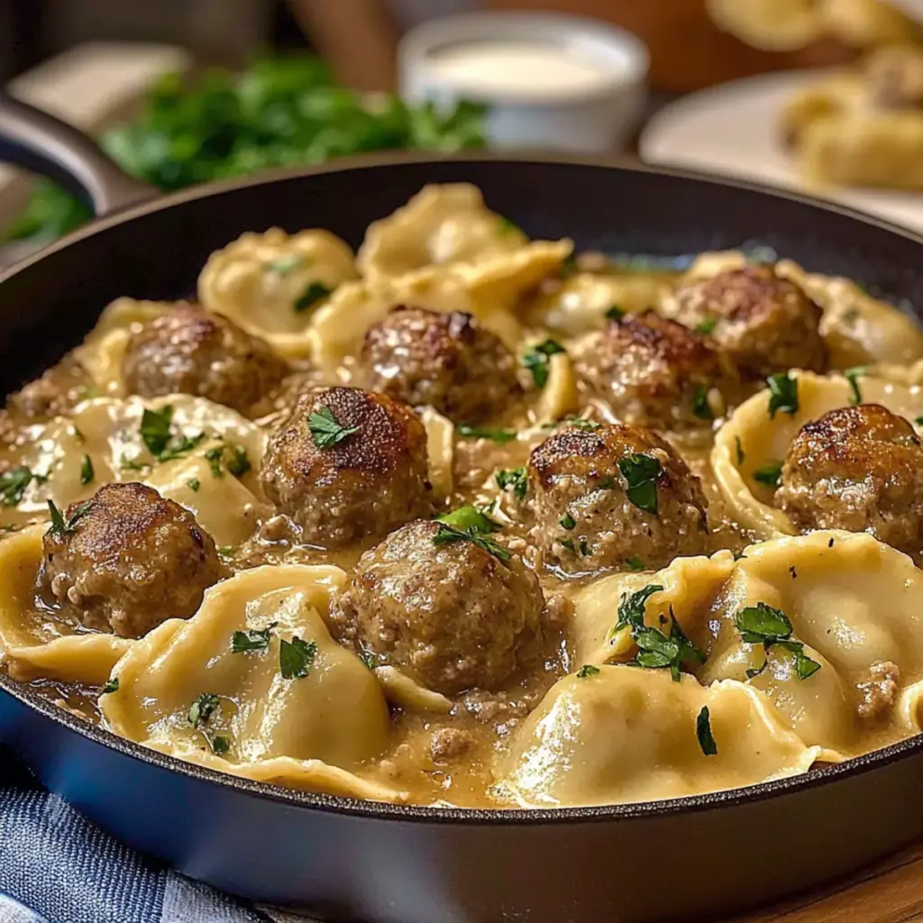 Pierogi and meatball skillet