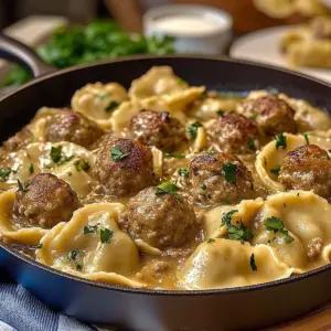 Pierogi and meatball skillet