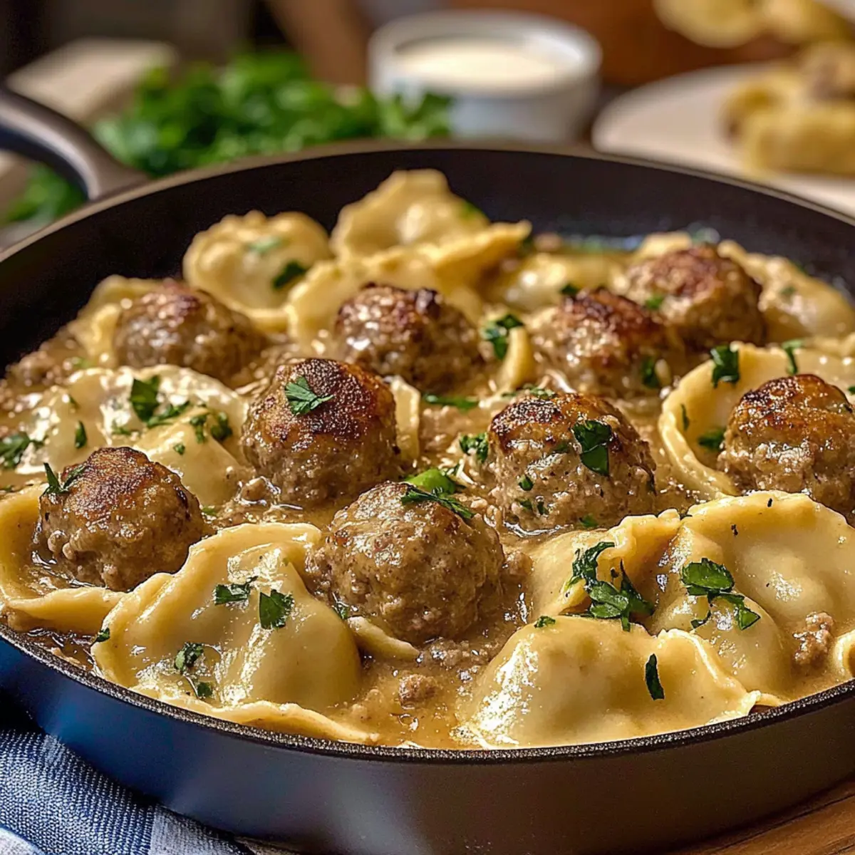 Pierogi and meatball skillet