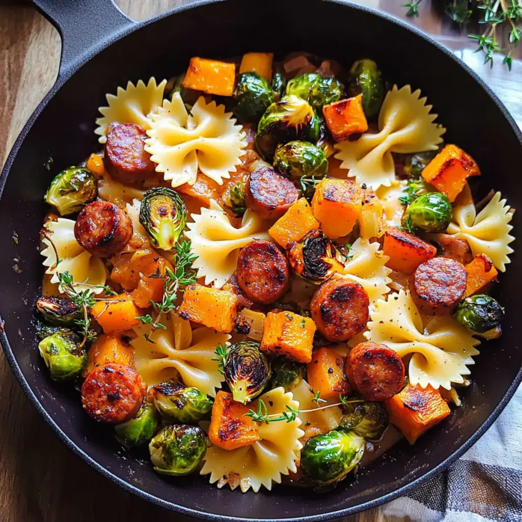 Autumn Dinner with Sausage, Pasta, Brussels Sprouts and Butternut Squash