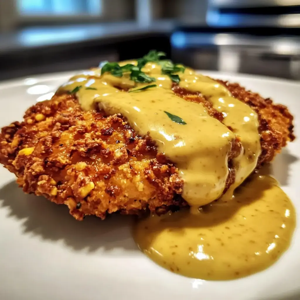 Pretzel Chicken with Mustard-Cheddar Sauce Delight