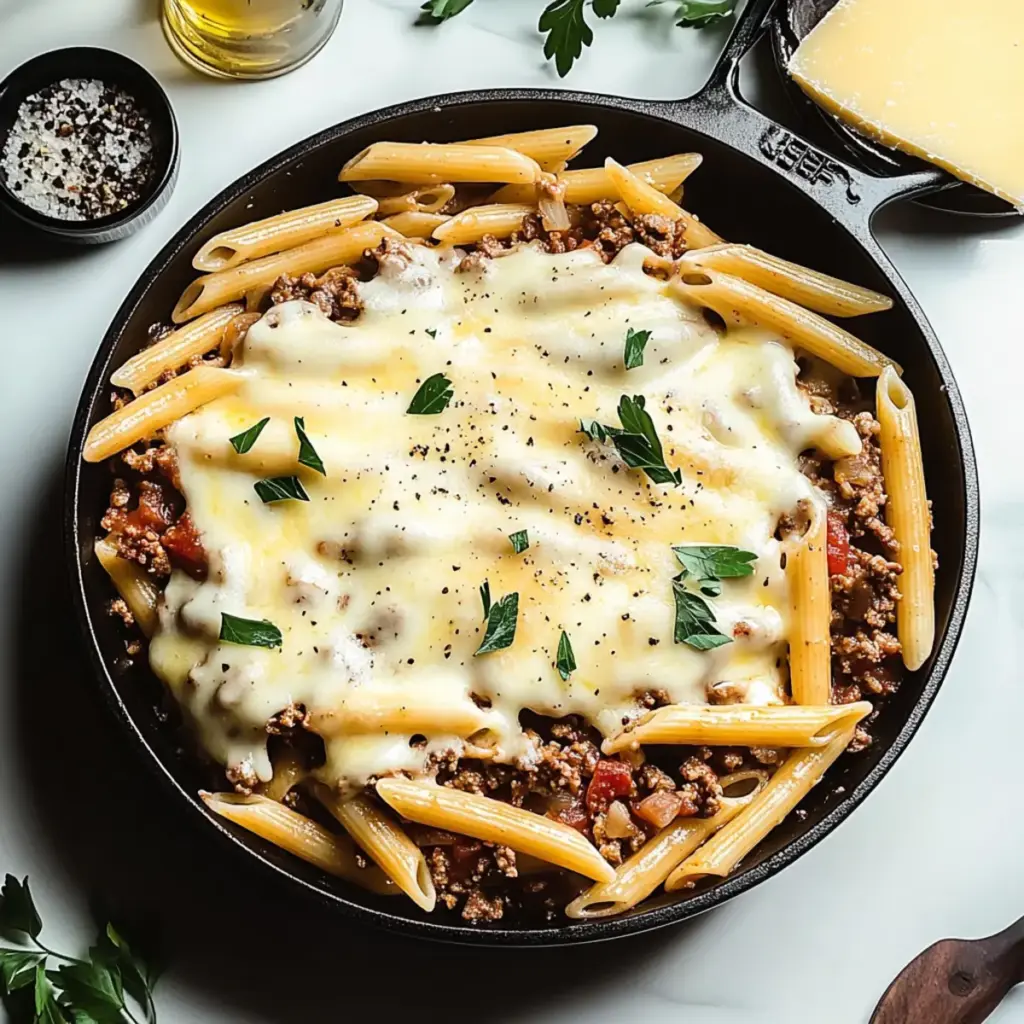 Cheesy Penne with Garlic Butter Ground Beef