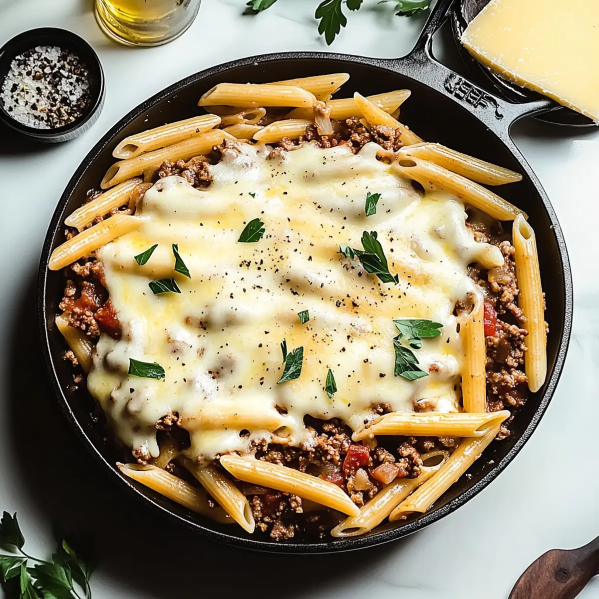Cheesy Penne with Garlic Butter Ground Beef