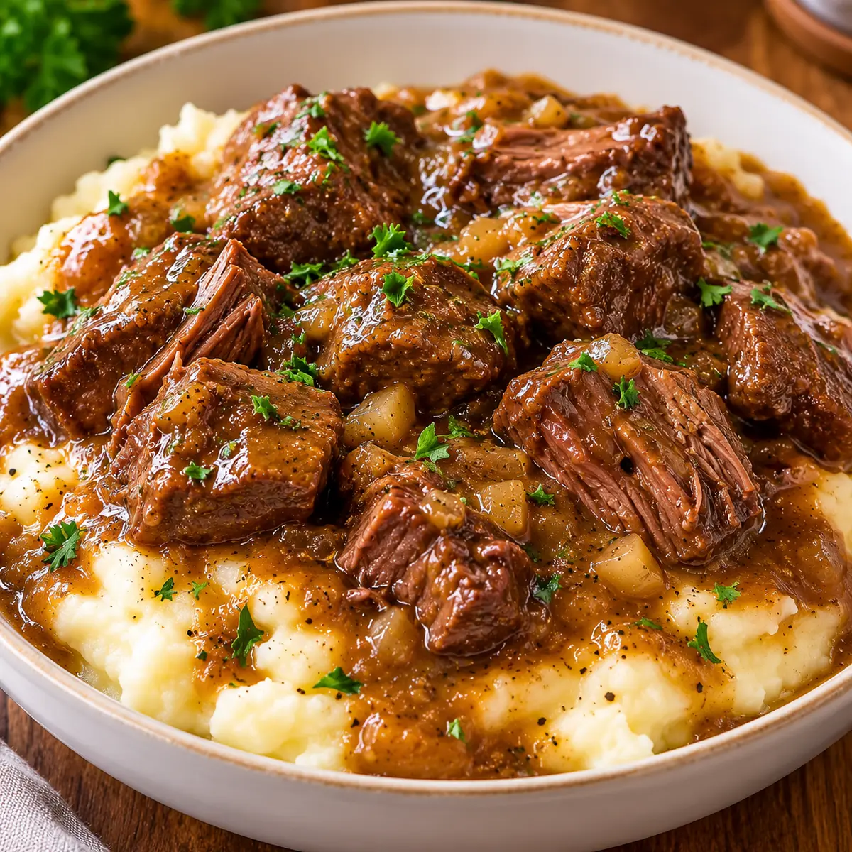 Beef Tips and Gravy with Mashed Potatoes — featured