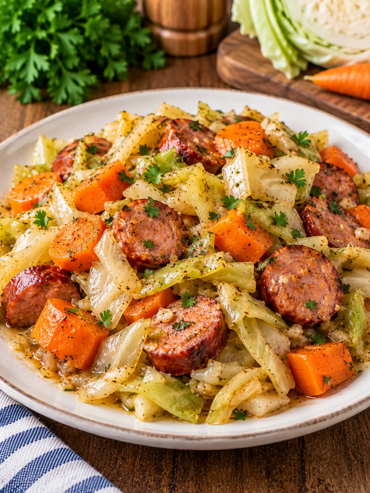 Cabbage and Sausage in a Slow Cooker — finished dish