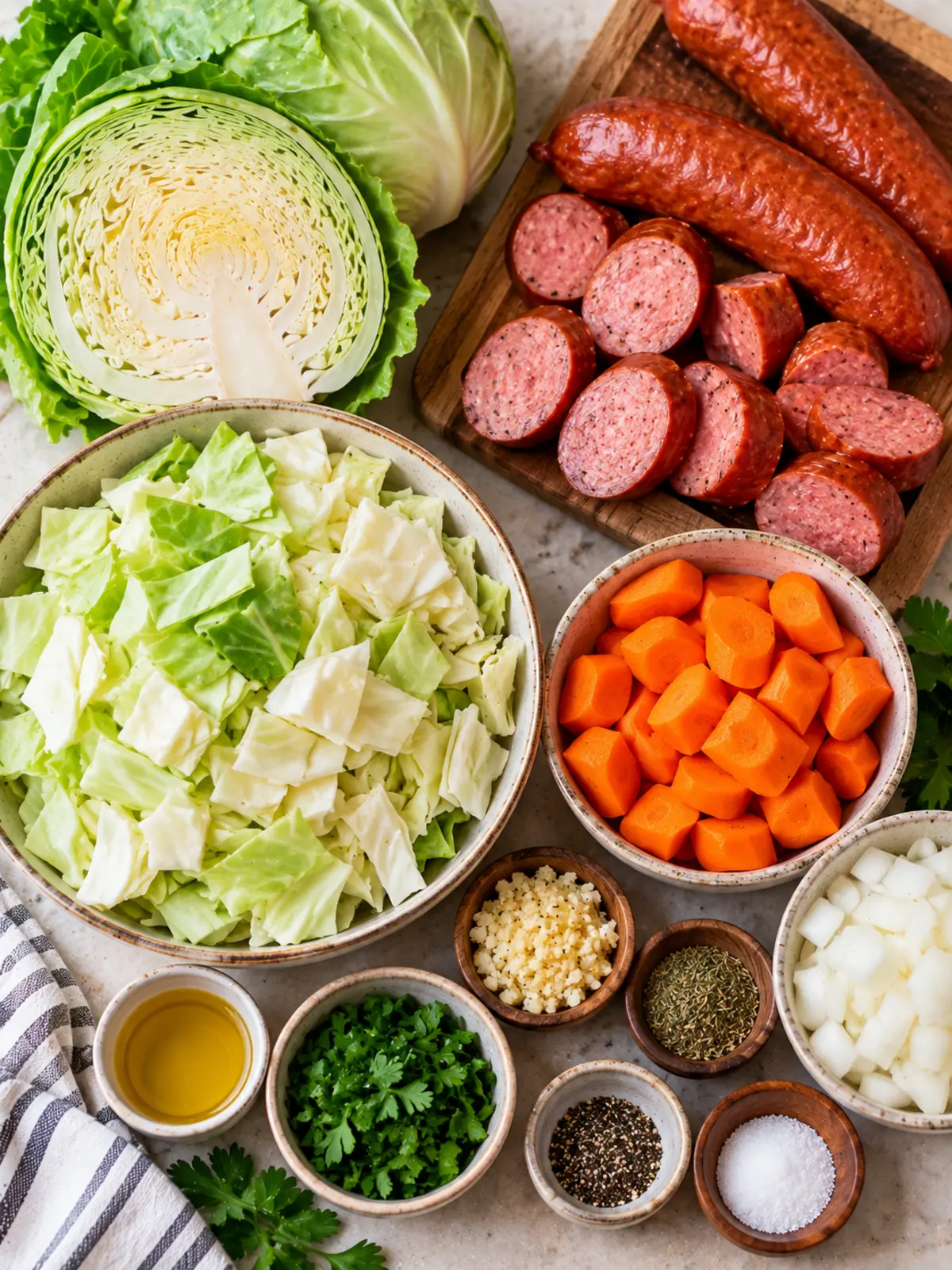 Cabbage and Sausage in a Slow Cooker — ingredients flat lay