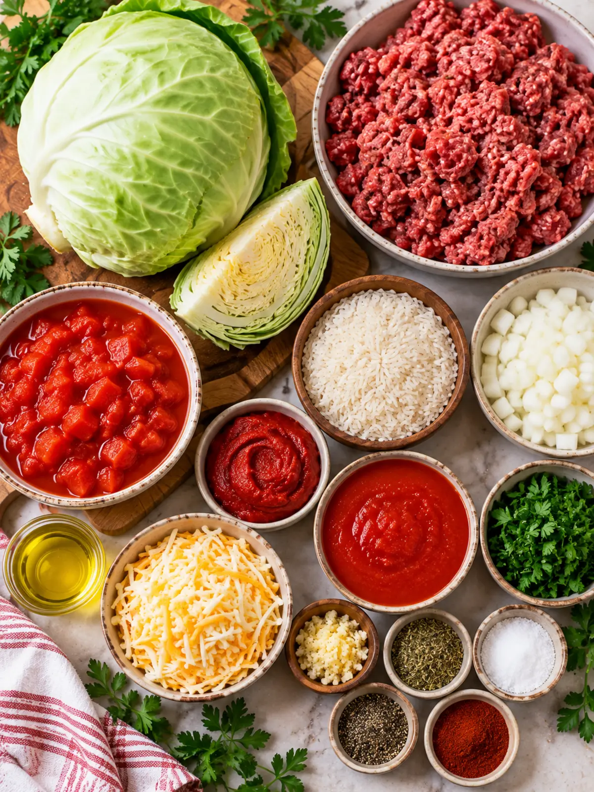 Cabbage Roll Casserole in a Crockpot — ingredients flat lay