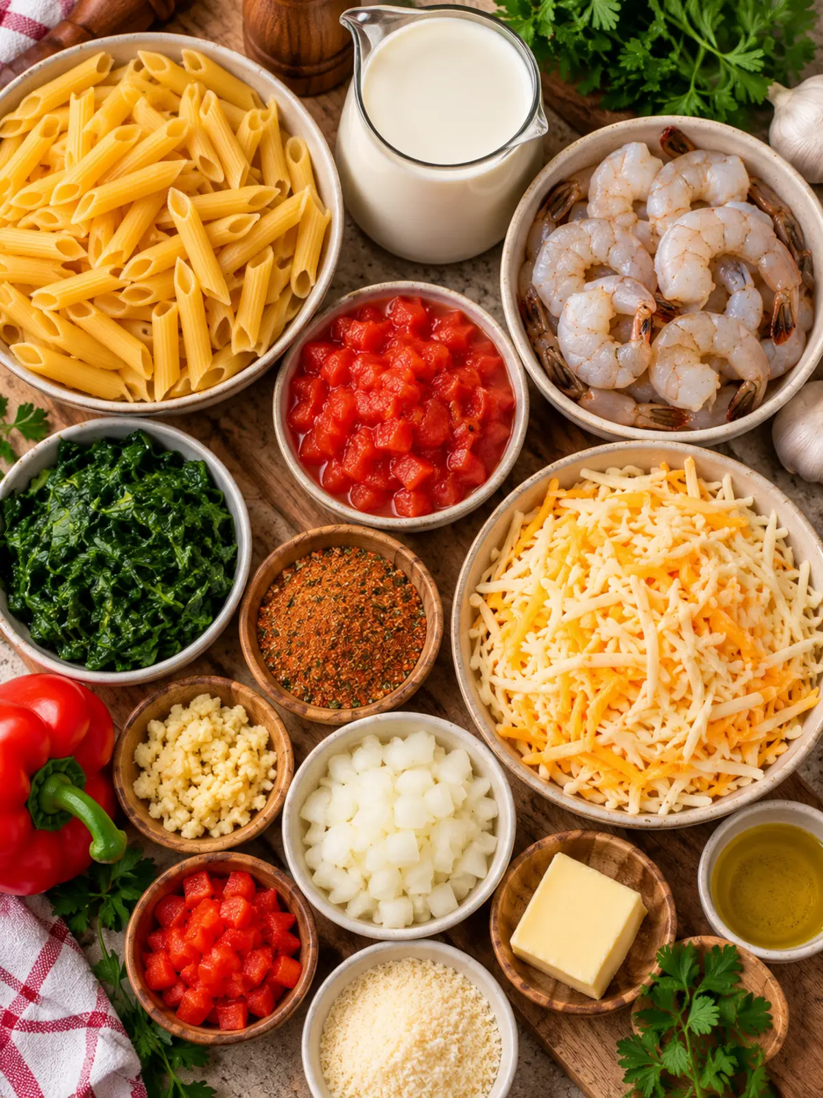 Cajun Shrimp Pasta Bake: A Creamy Delight — ingredients flat lay