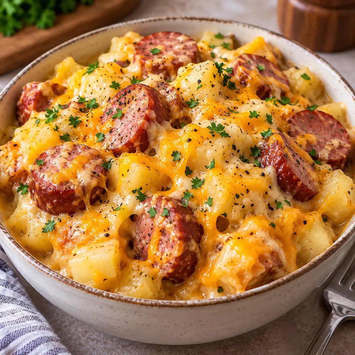 Cheesy Potatoes and Beef Kielbasa in the Crockpot — featured