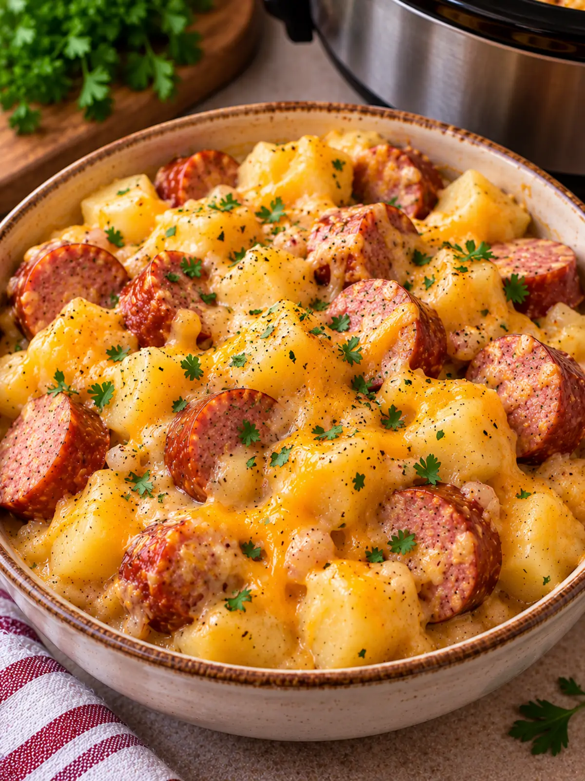 Cheesy Potatoes and Beef Kielbasa in the Crockpot — final presentation