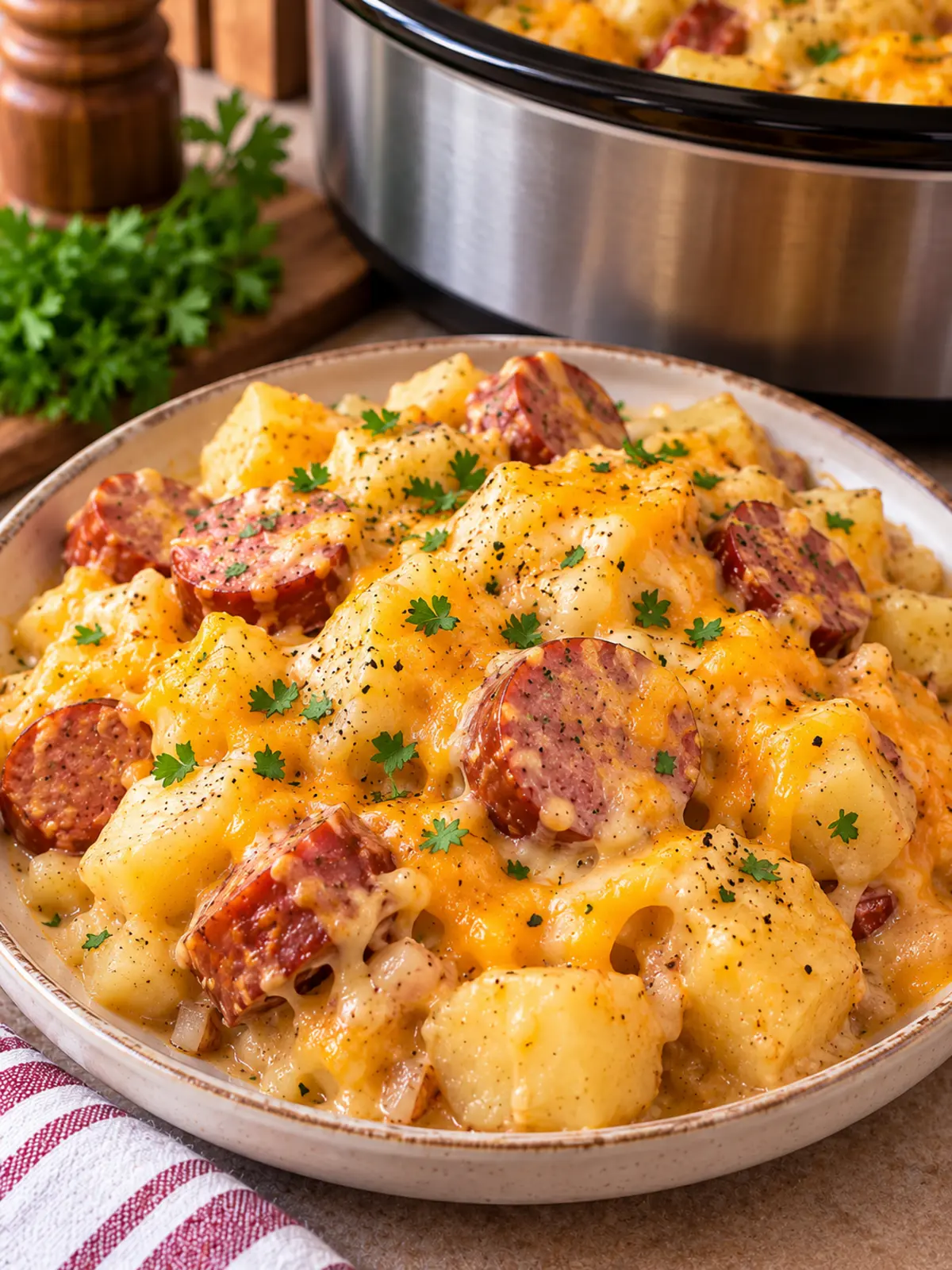 Cheesy Potatoes and Beef Kielbasa in the Crockpot — finished dish