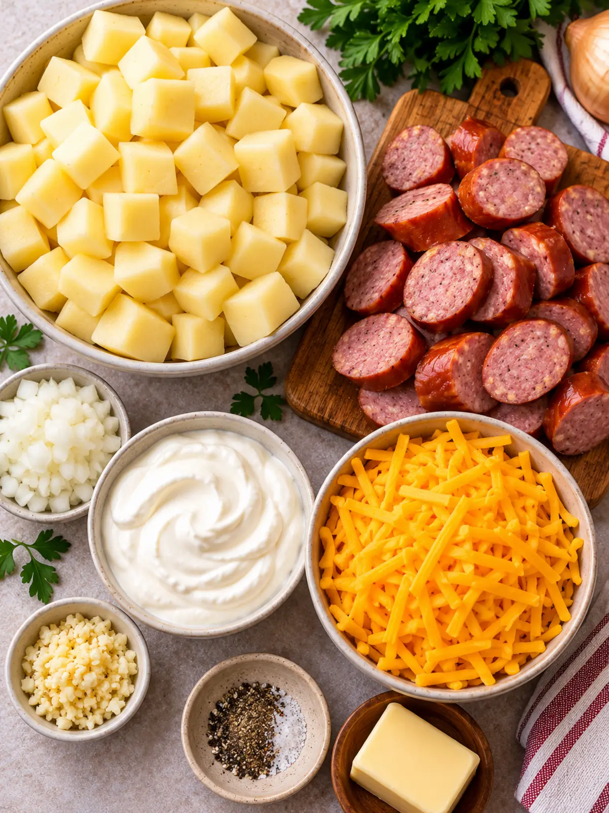 Cheesy Potatoes and Beef Kielbasa in the Crockpot — ingredients flat lay