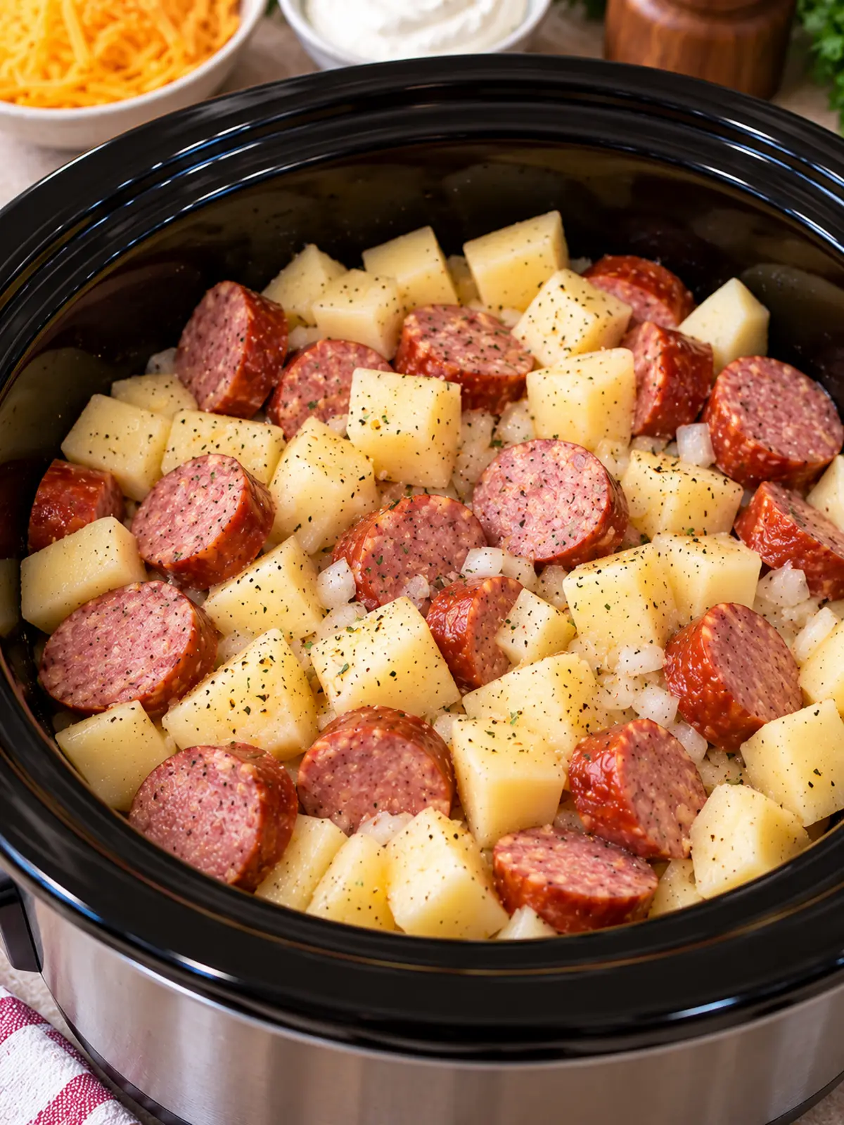 Cheesy Potatoes and Beef Kielbasa in the Crockpot — process