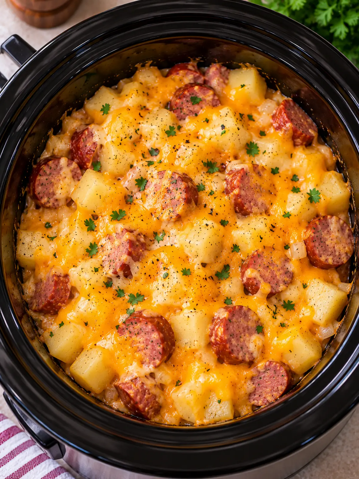 Cheesy Potatoes and Beef Kielbasa in the Crockpot — process