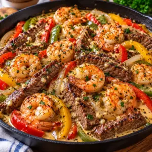 Creamy Garlic Butter Steak and Shrimp Skillet Delight — featured