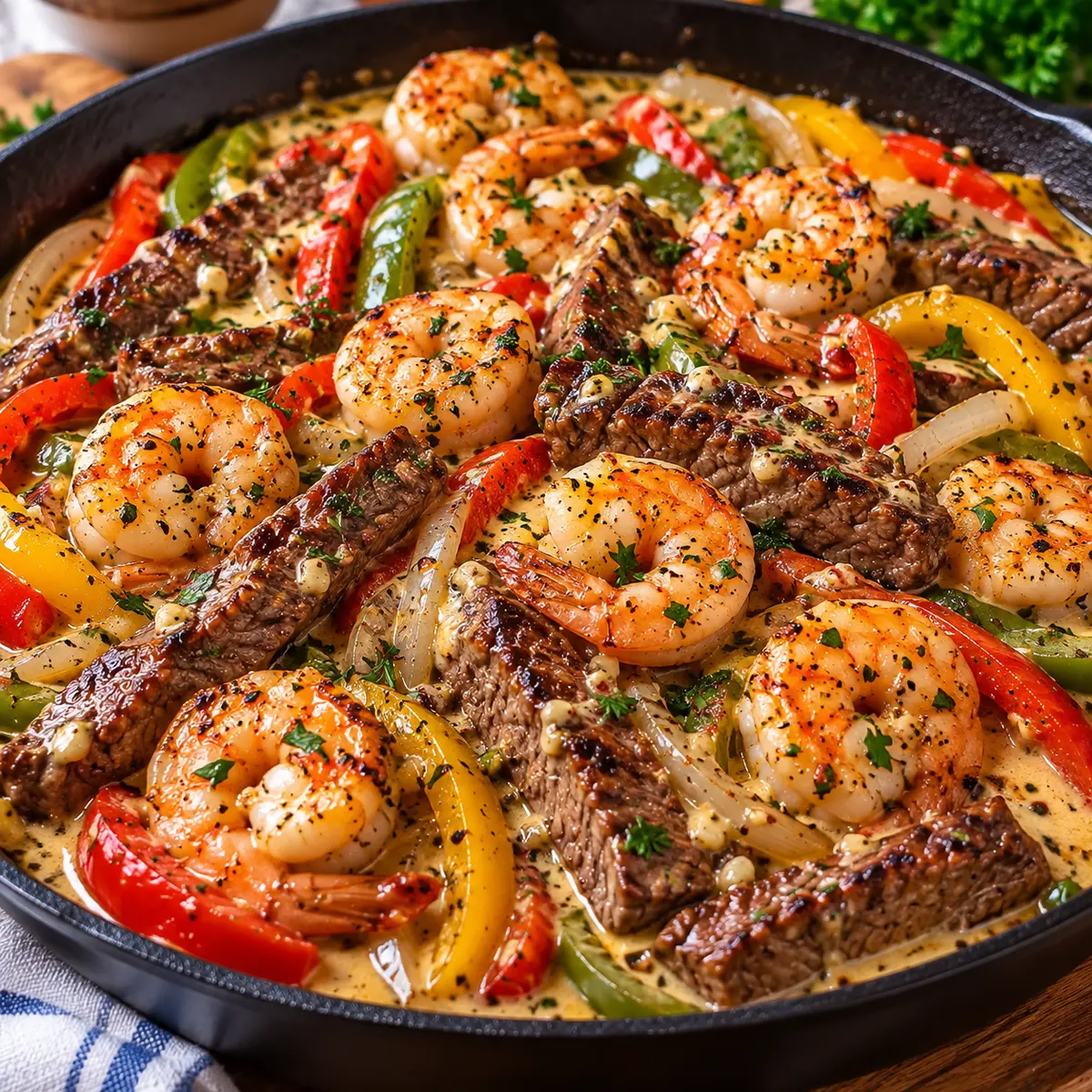 Creamy Garlic Butter Steak and Shrimp Skillet Delight — featured