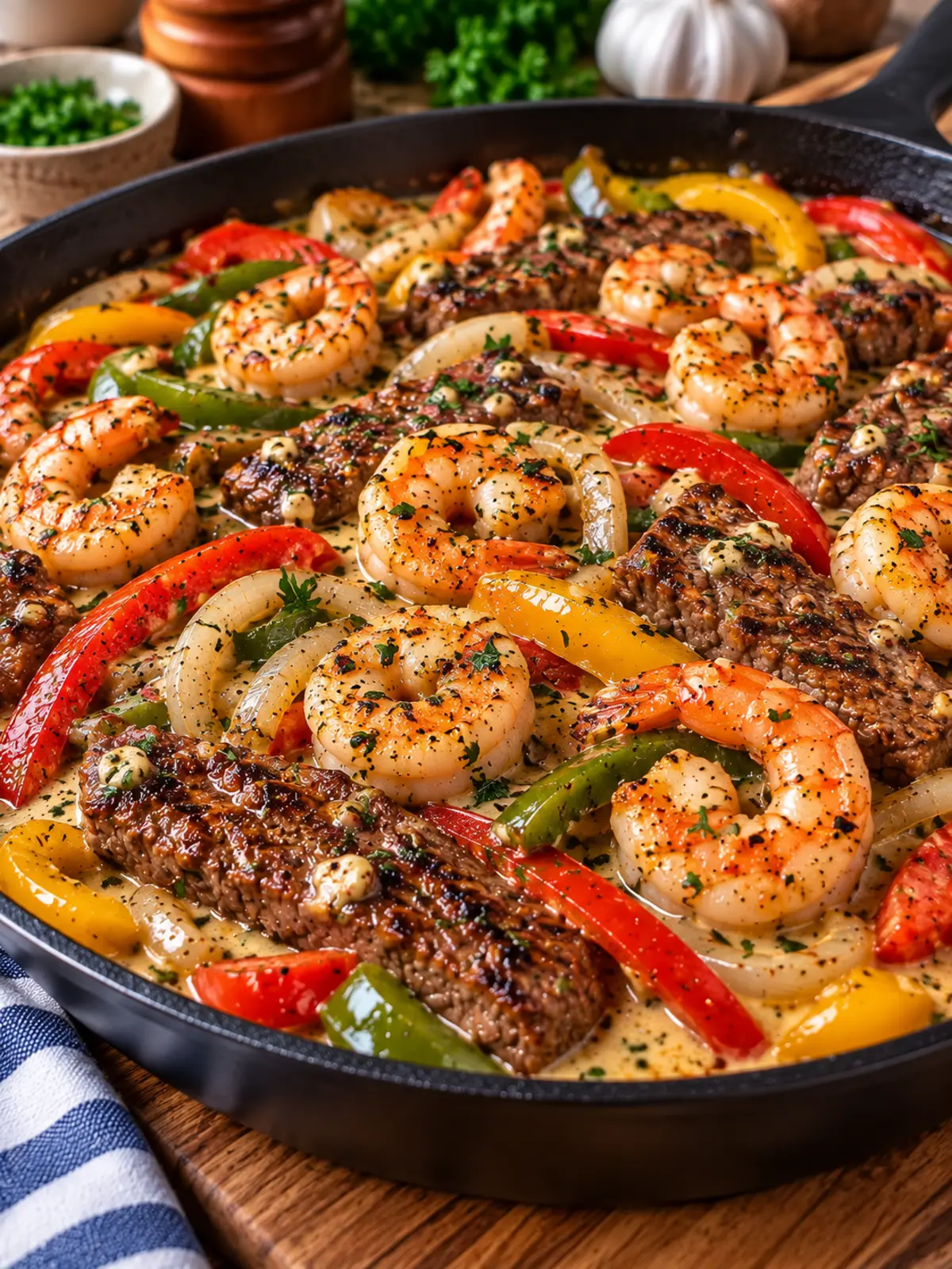 Creamy Garlic Butter Steak and Shrimp Skillet Delight — finished dish