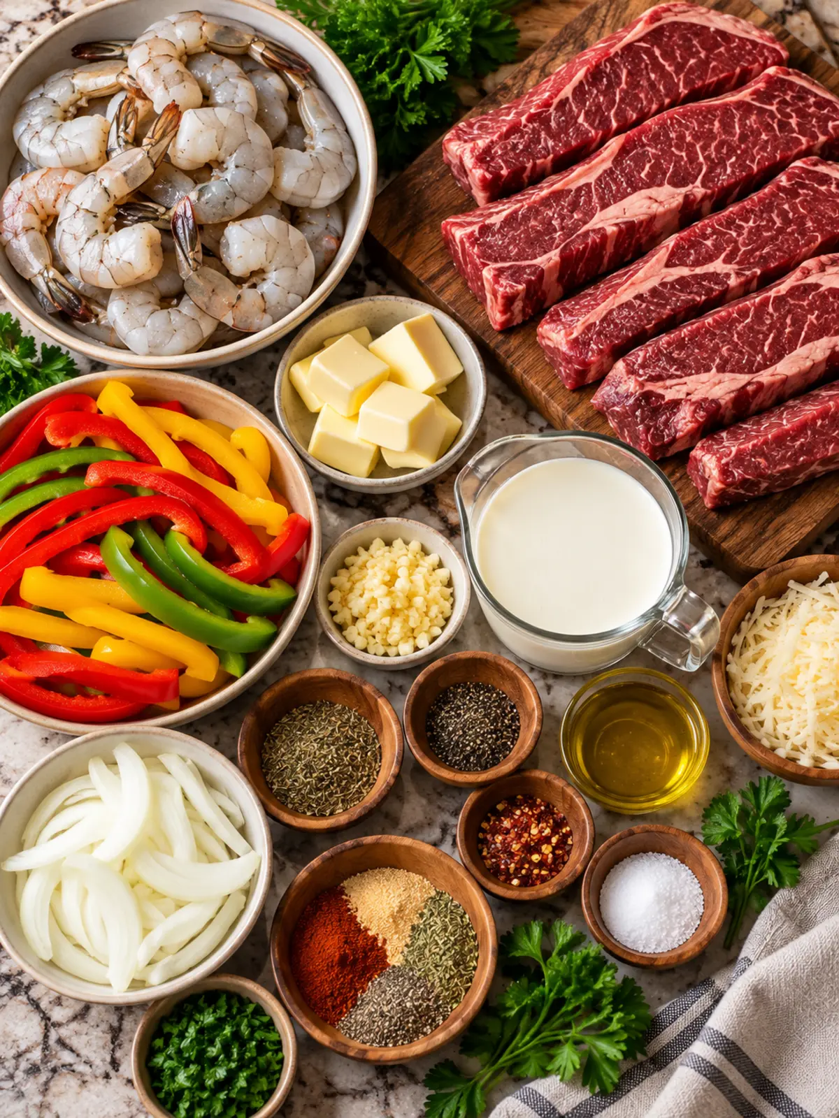 Creamy Garlic Butter Steak and Shrimp Skillet Delight — ingredients flat lay