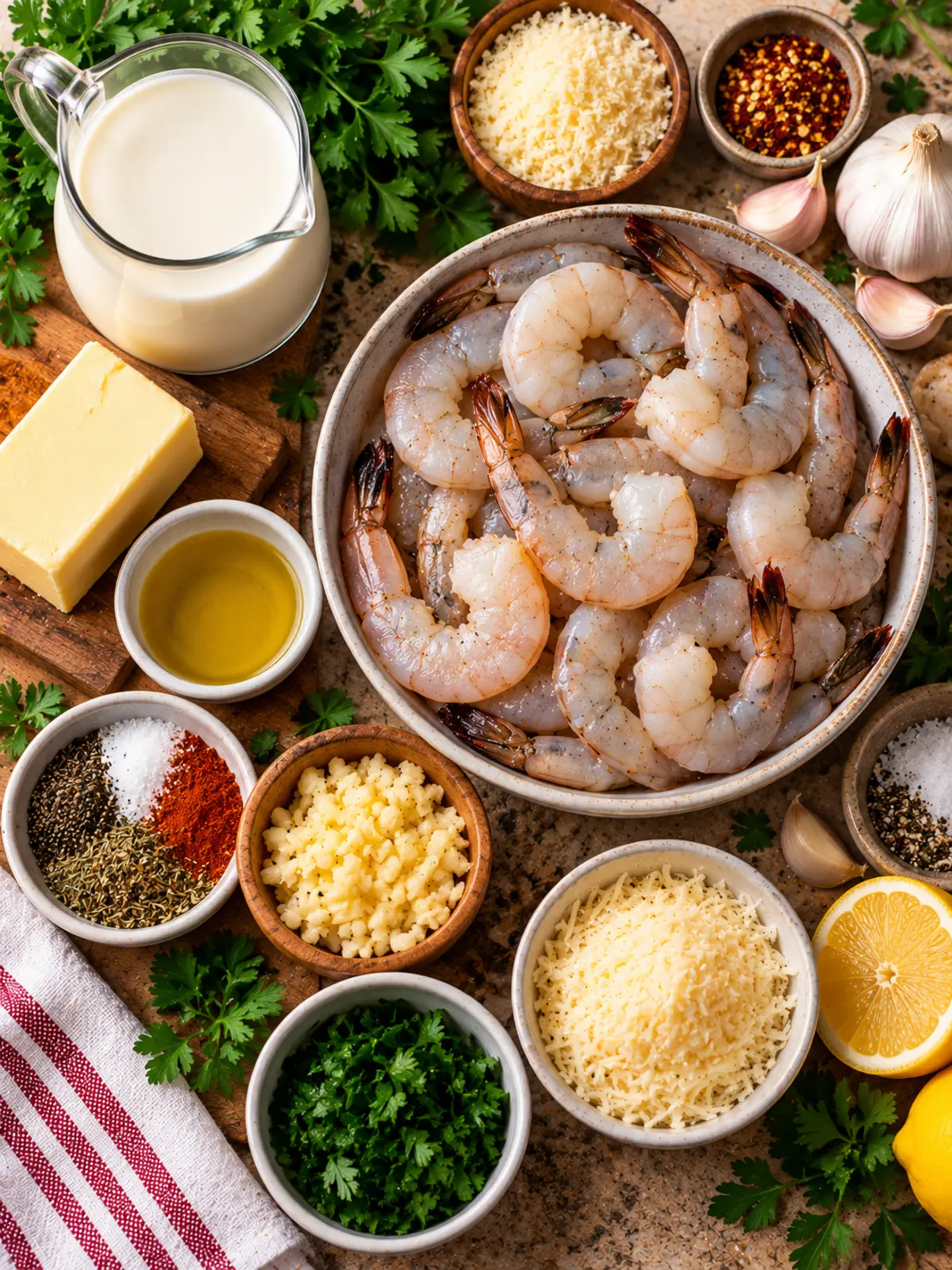 Creamy Garlic Shrimp — ingredients flat lay