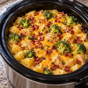 Crockpot Cheddar Broccoli Chicken and Potatoes Recipe — featured