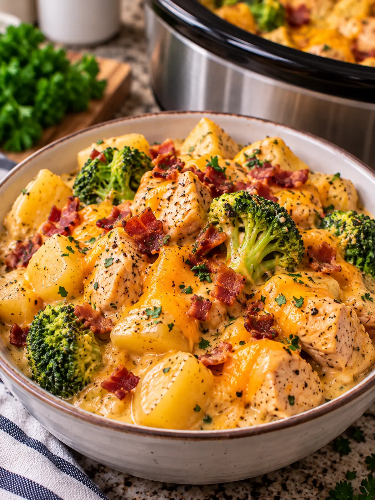 Crockpot Cheddar Broccoli Chicken and Potatoes Recipe — final beauty shot