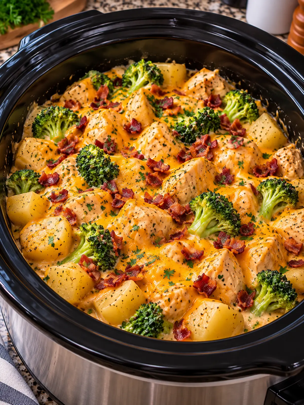 Crockpot Cheddar Broccoli Chicken and Potatoes Recipe — finished dish