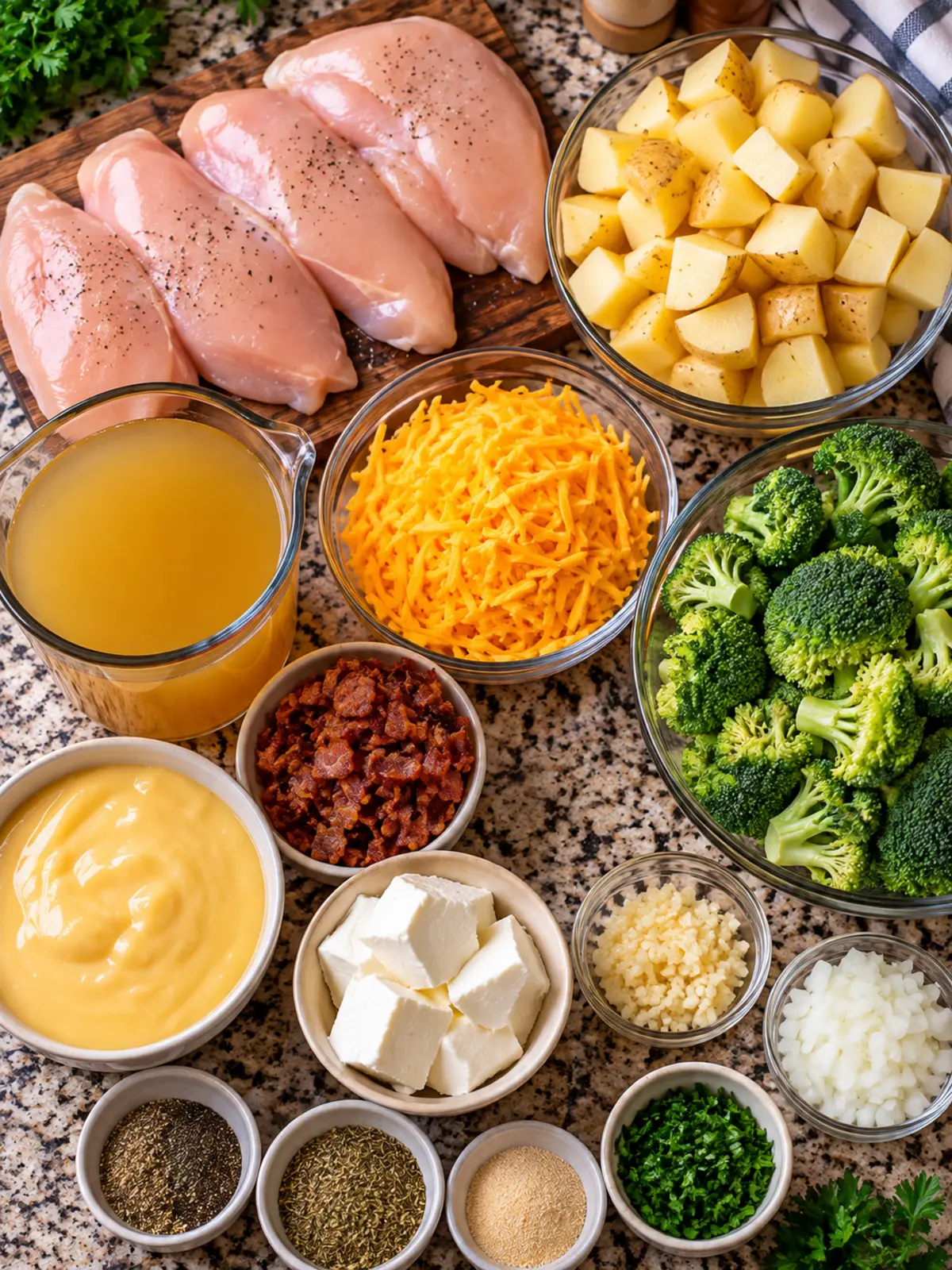 Crockpot Cheddar Broccoli Chicken and Potatoes Recipe — ingredients flat-lay