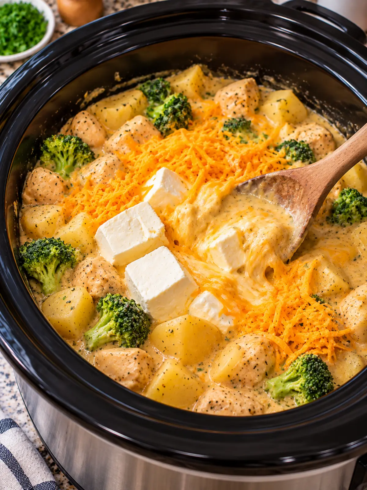 Crockpot Cheddar Broccoli Chicken and Potatoes Recipe — instructional image