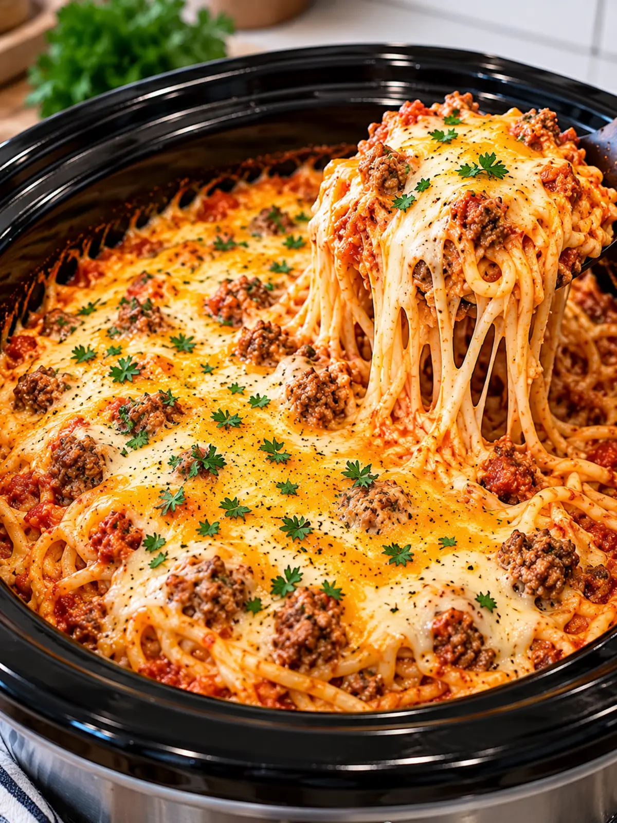 Crockpot Million Dollar Spaghetti - A Cheesy Casserole — finished dish