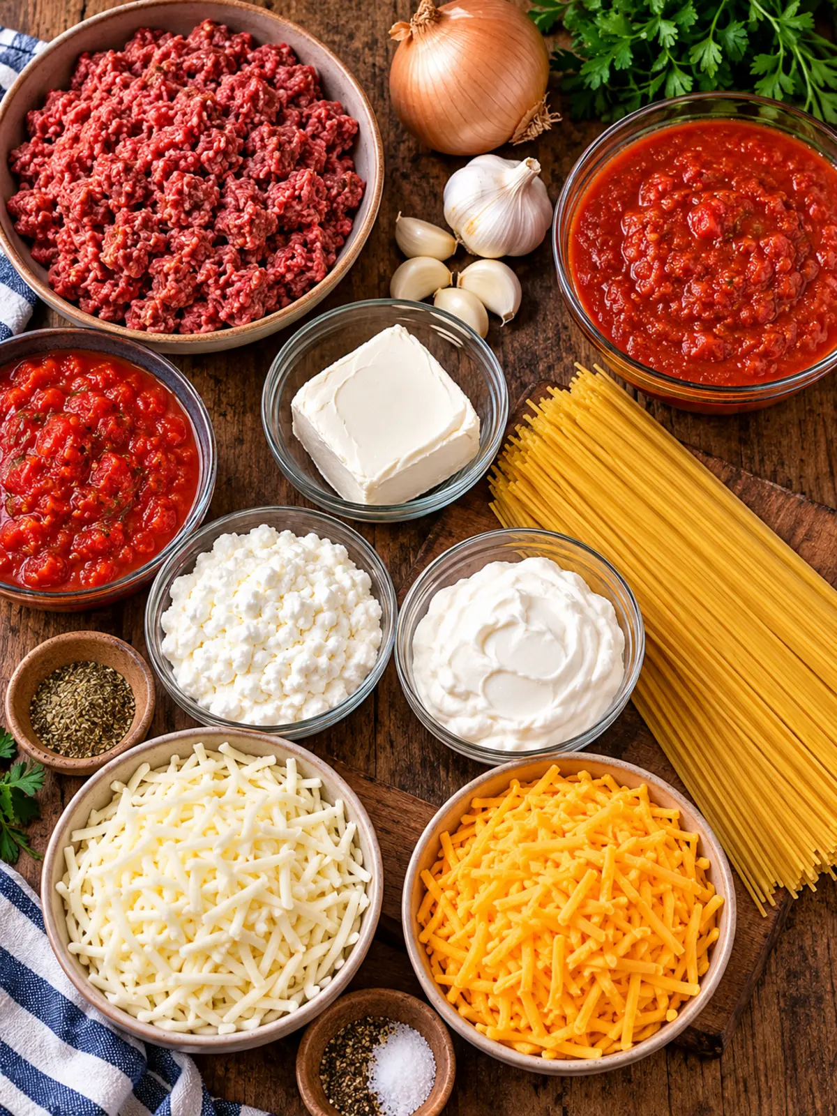 Crockpot Million Dollar Spaghetti - A Cheesy Casserole — ingredients flat lay