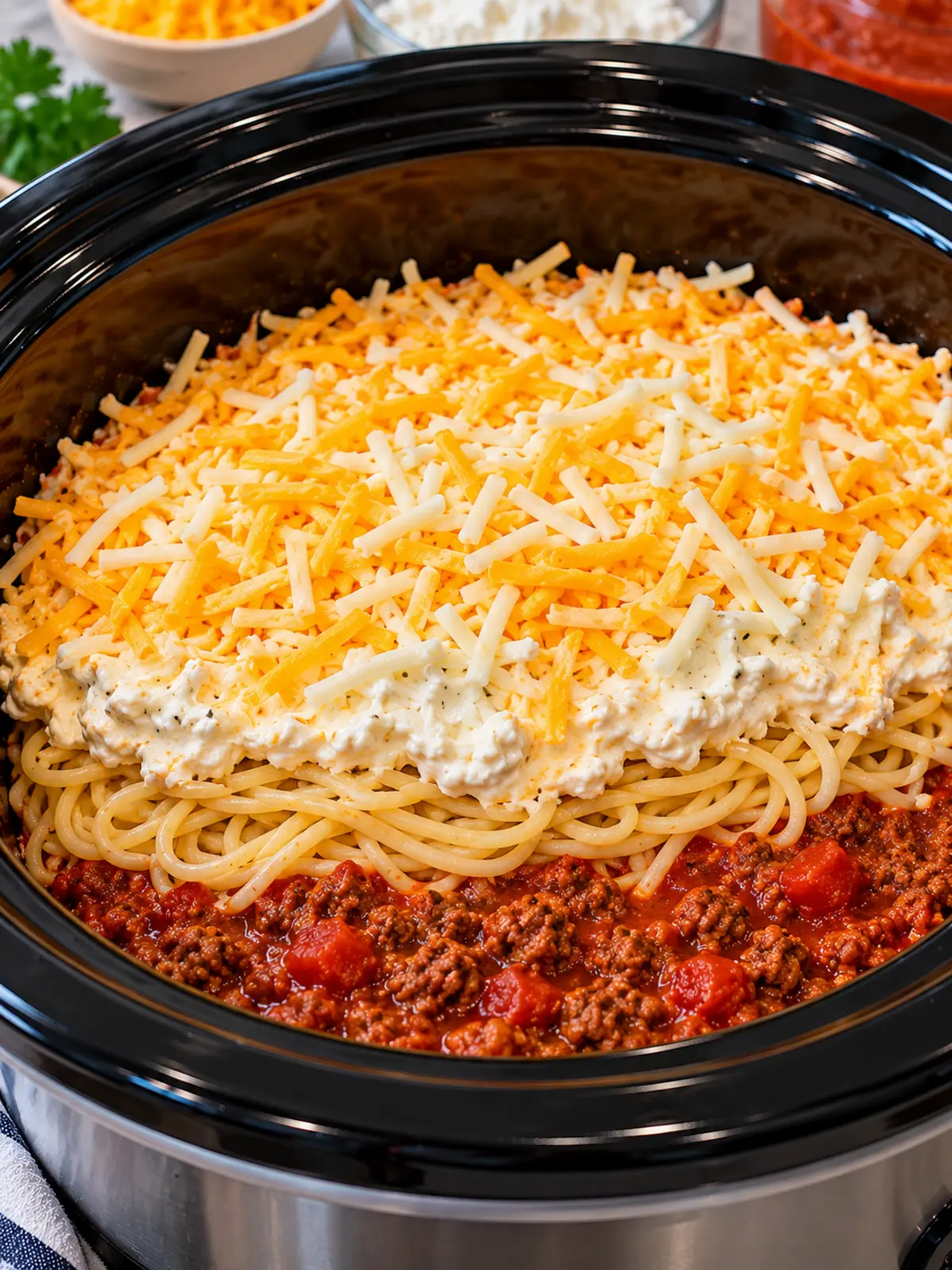 Crockpot Million Dollar Spaghetti - A Cheesy Casserole — process