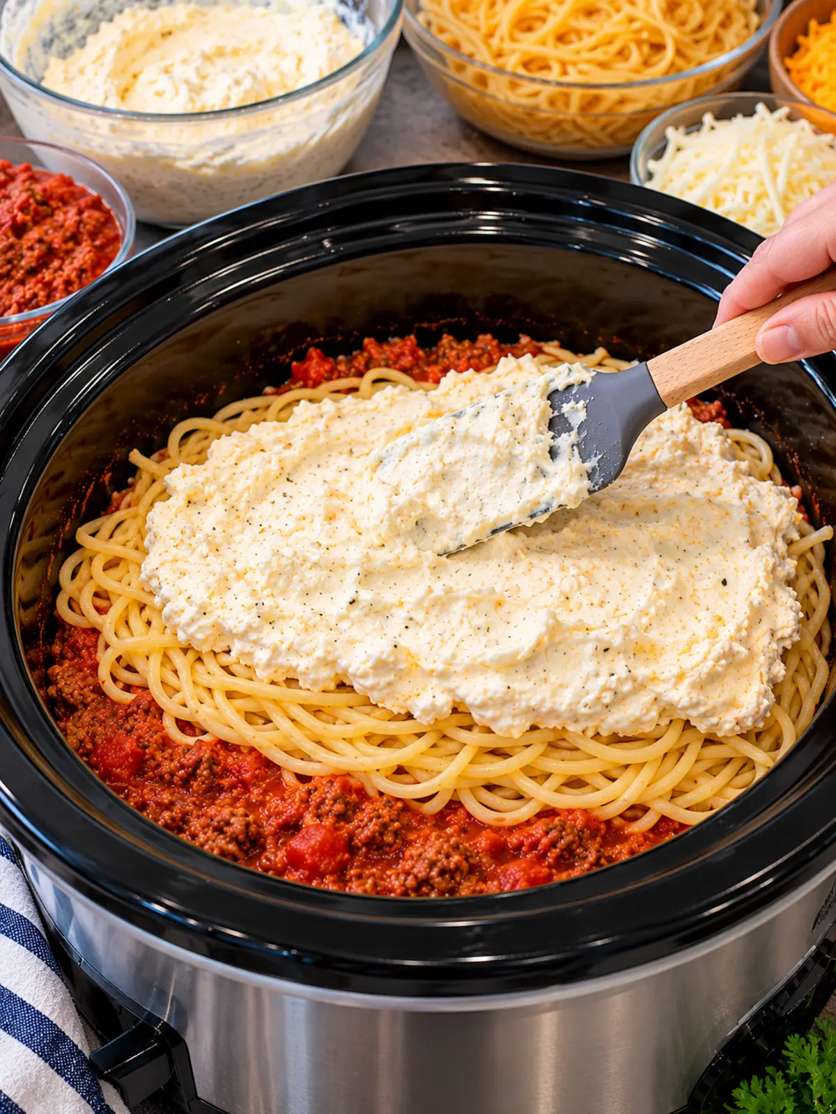 Crockpot Million Dollar Spaghetti - A Cheesy Casserole — process