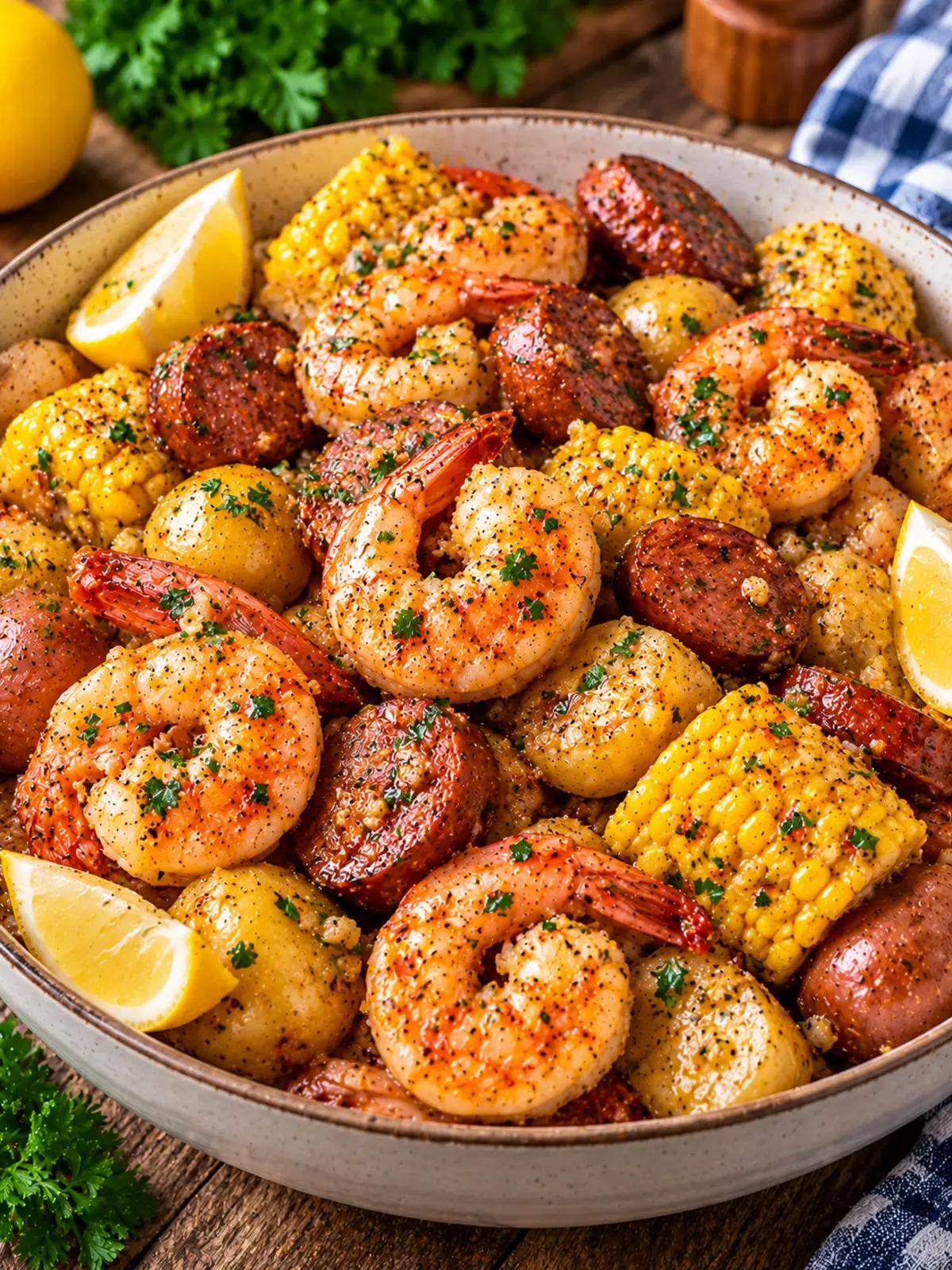 Garlic Butter Shrimp and Sausage Boil — combining ingredients