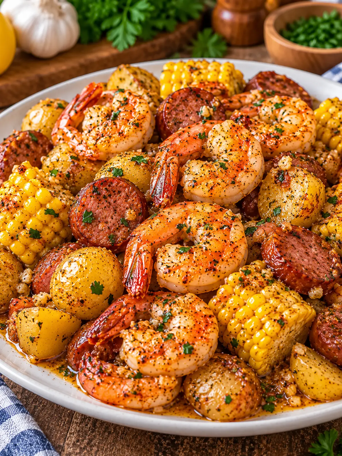 Garlic Butter Shrimp and Sausage Boil — finished dish