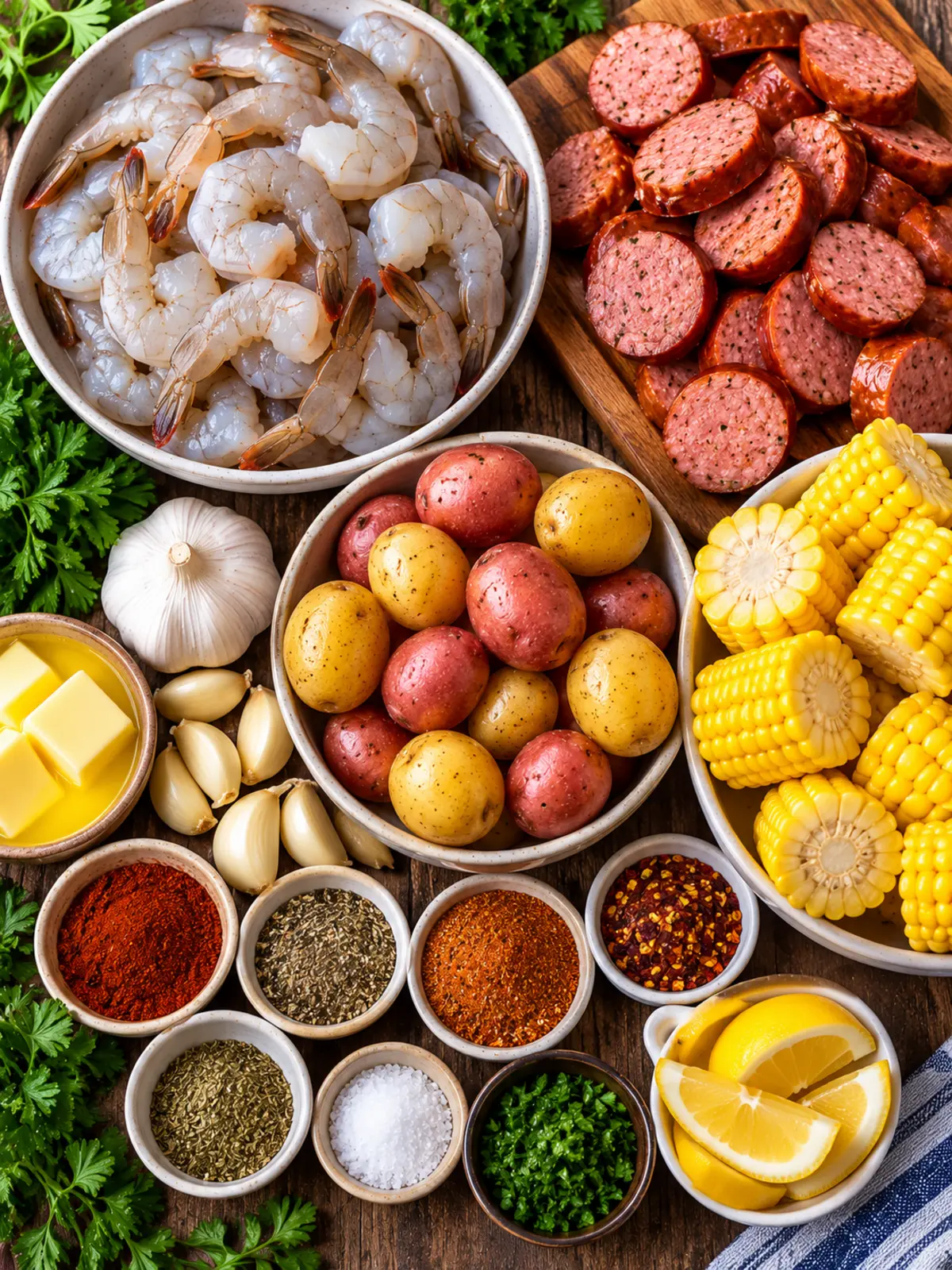 Garlic Butter Shrimp and Sausage Boil — ingredients flat-lay