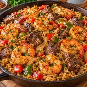 Garlic Butter Shrimp and Steak Rice Skillet — featured
