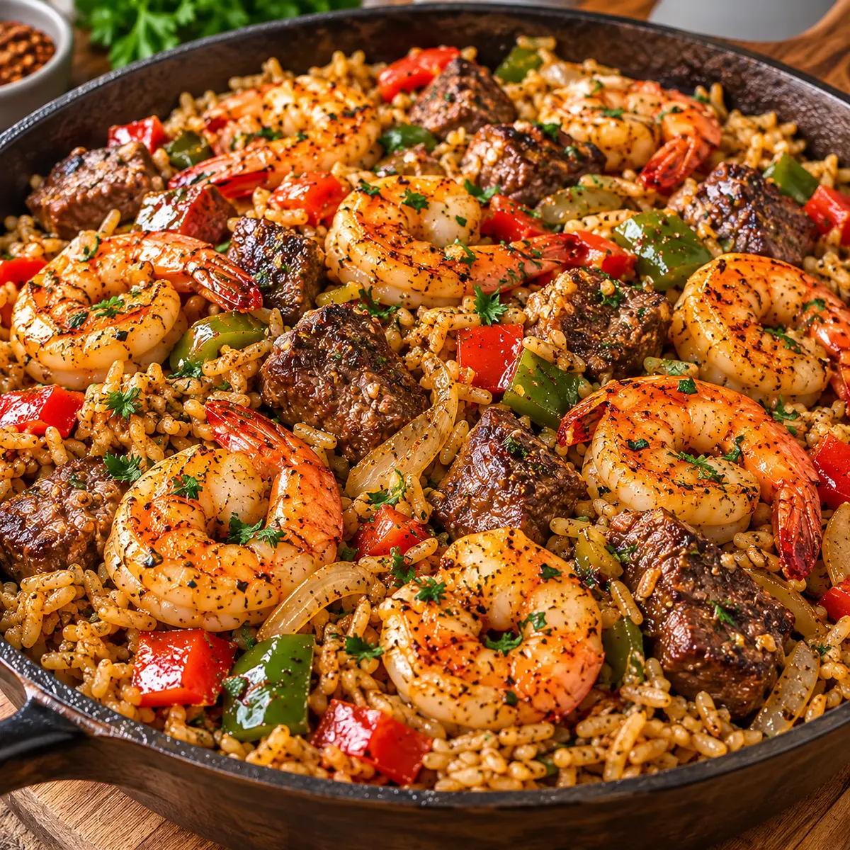Garlic Butter Shrimp and Steak Rice Skillet — featured