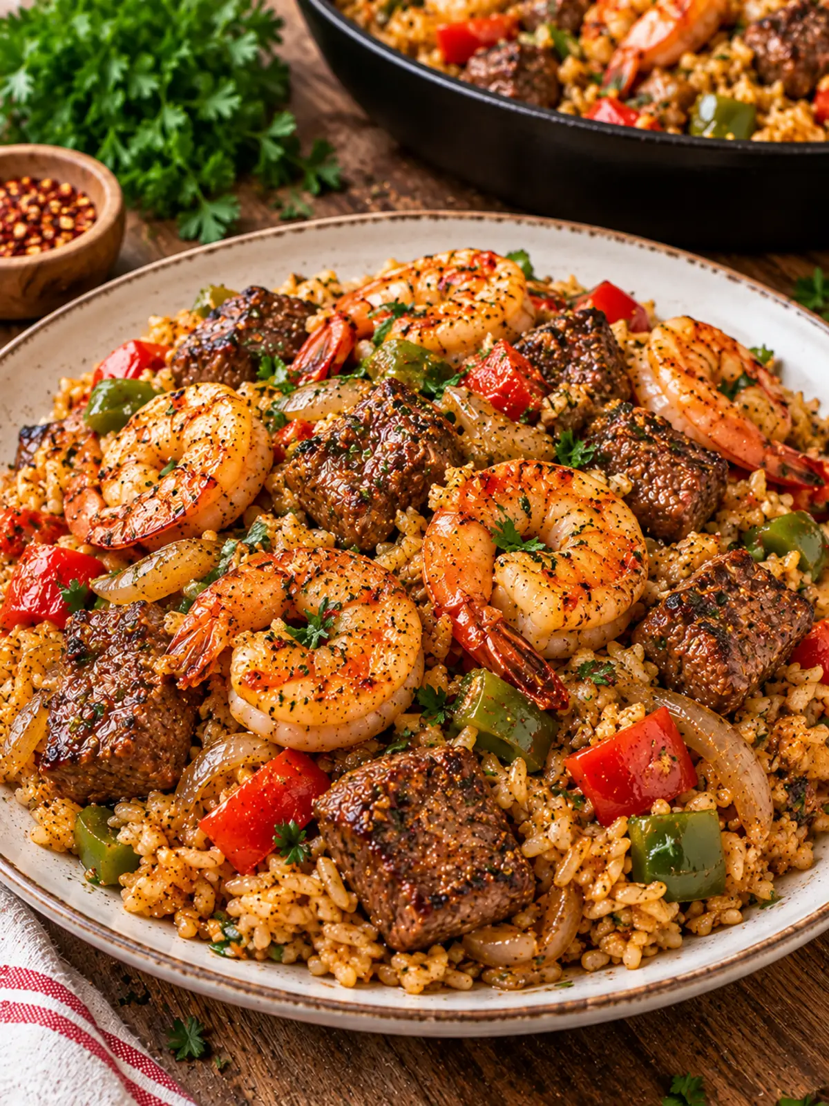 Garlic Butter Shrimp and Steak Rice Skillet — final beauty shot