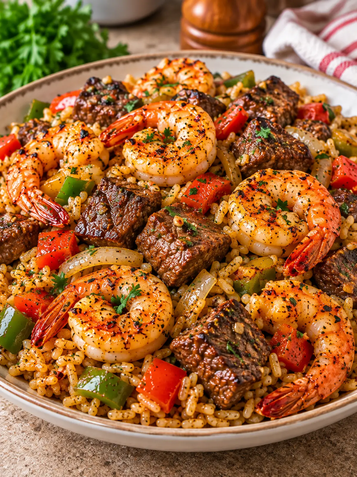 Garlic Butter Shrimp and Steak Rice Skillet — finished dish