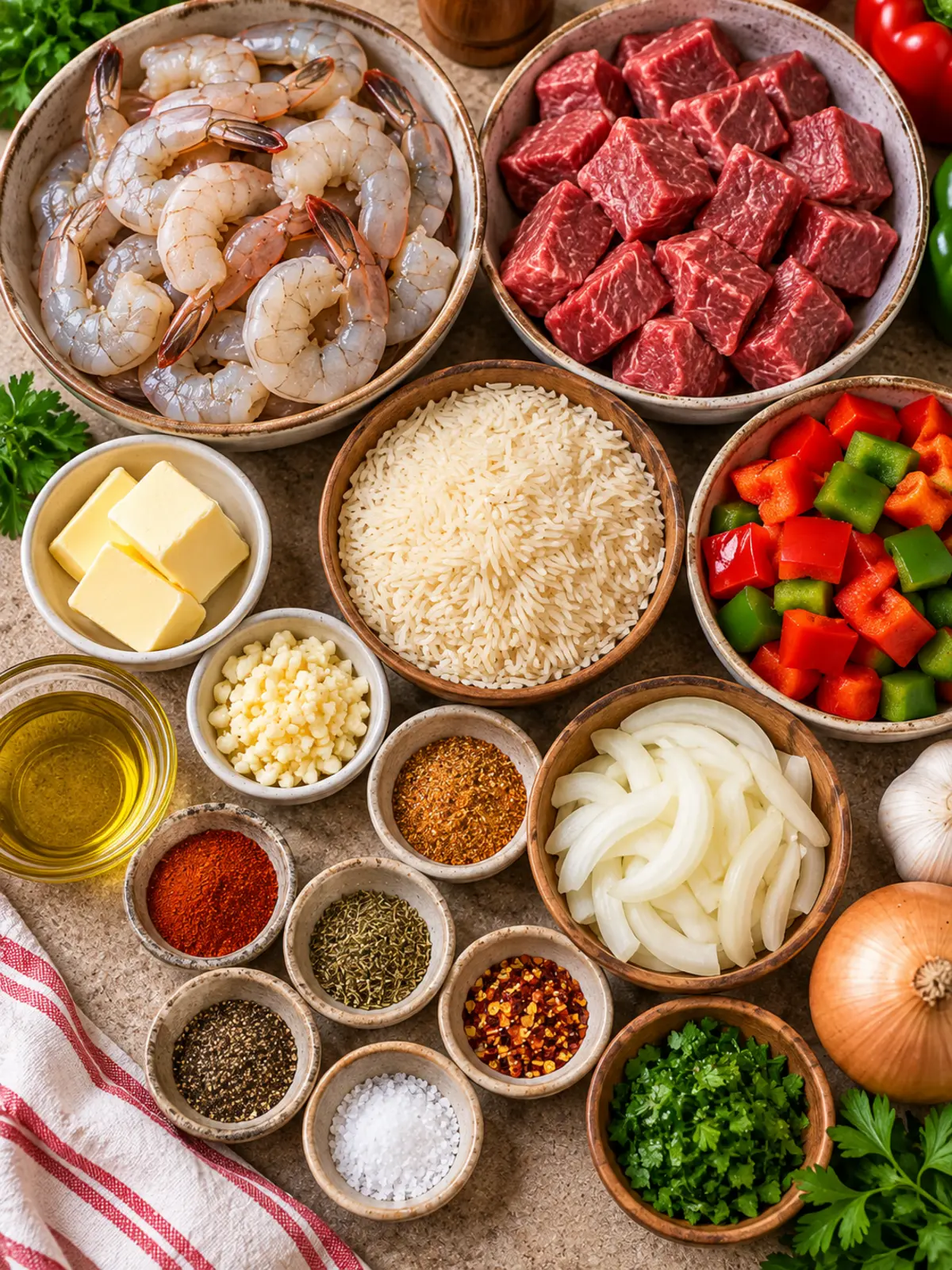 Garlic Butter Shrimp and Steak Rice Skillet — ingredients flat-lay