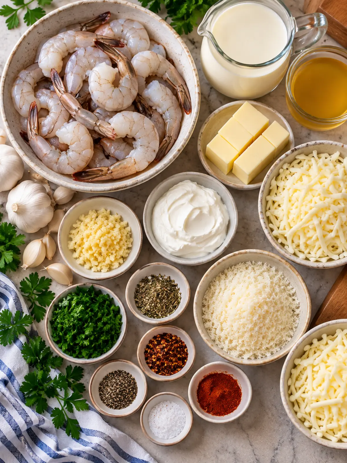 Garlic Butter Shrimp Casserole — ingredients flat-lay