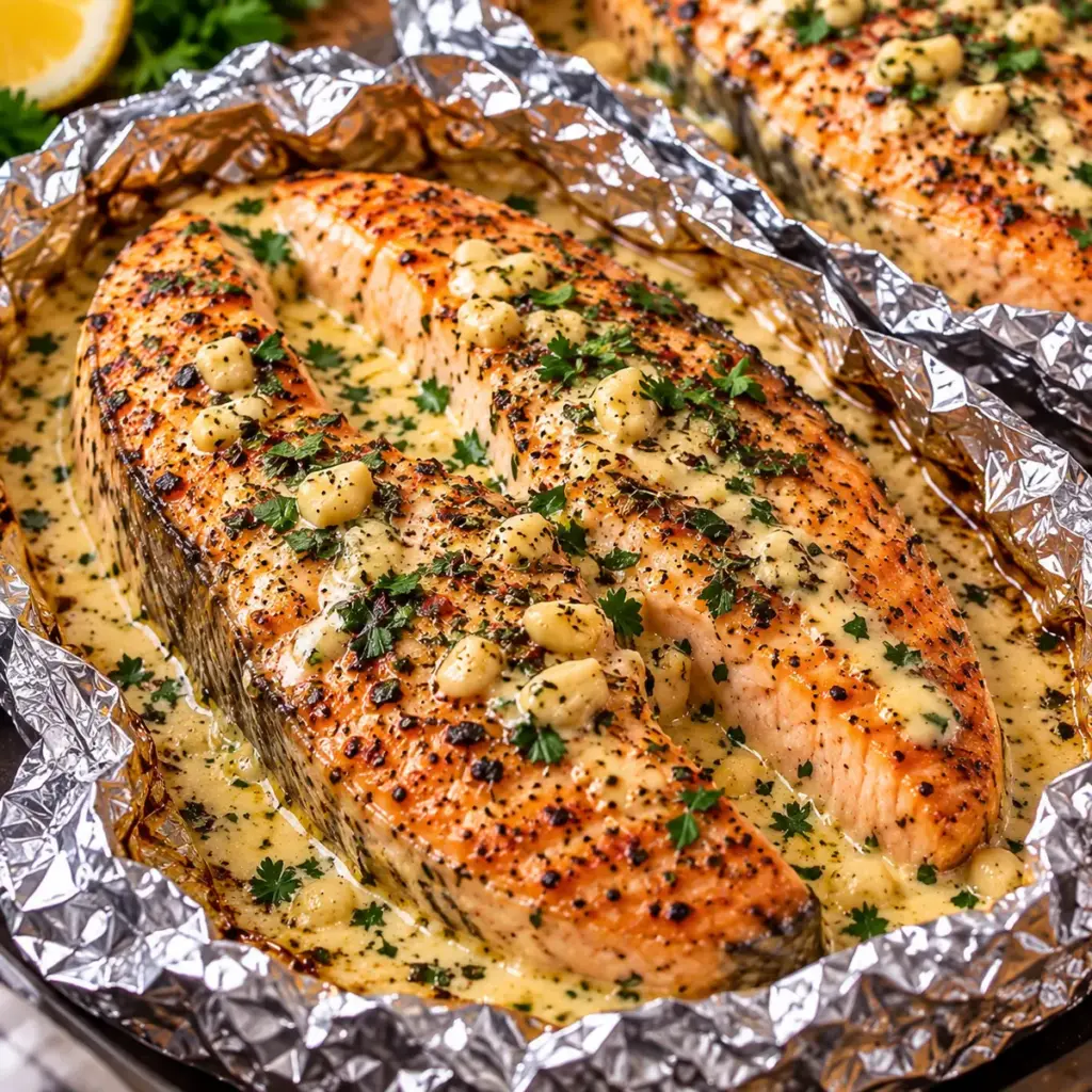 Garlic Herb Seafood Foil Packs with Salmon Steaks — featured