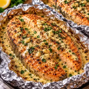Garlic Herb Seafood Foil Packs with Salmon Steaks — featured