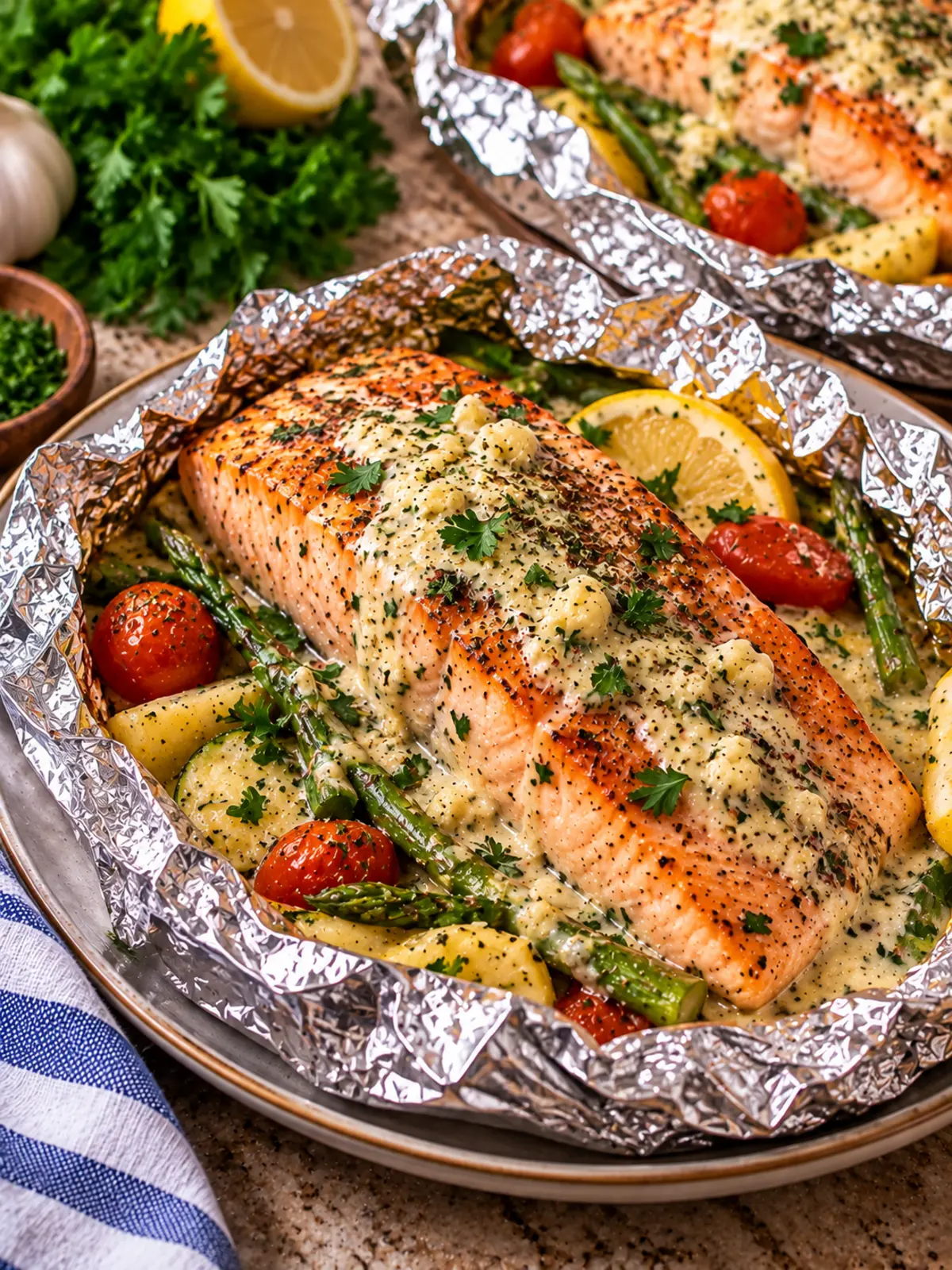 Garlic Herb Seafood Foil Packs with Salmon Steaks — final plating