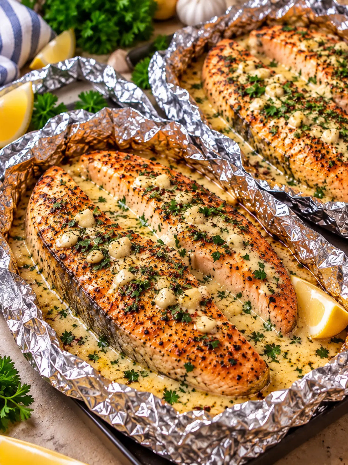 Garlic Herb Seafood Foil Packs with Salmon Steaks — finished dish