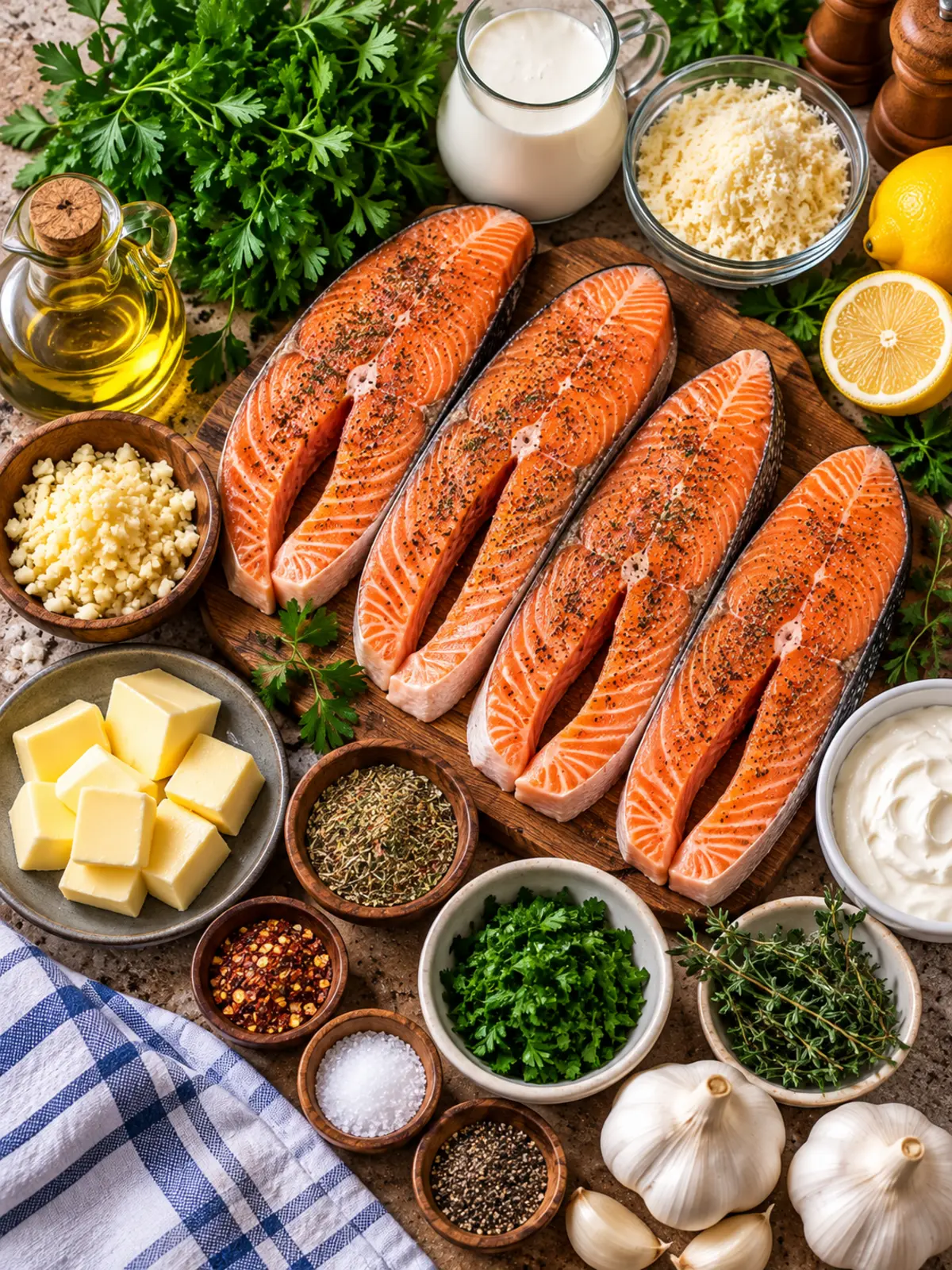 Garlic Herb Seafood Foil Packs with Salmon Steaks — ingredients flat lay